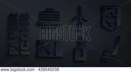 Set Bottle Of Maple Syrup, Pennant Flag Canada, Flag, Ice Hockey Stick And Puck, Wind Turbine And St