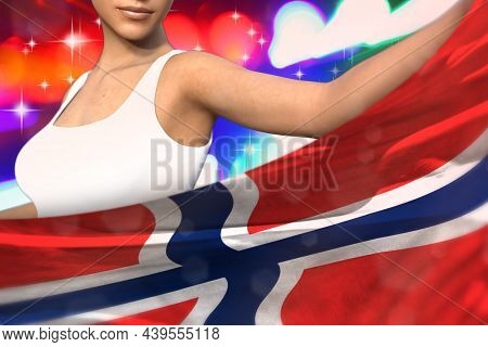 Young Lady Is Holding Norway Flag In Front Of Her On The  Party Lights - Flag Concept 3d Illustratio