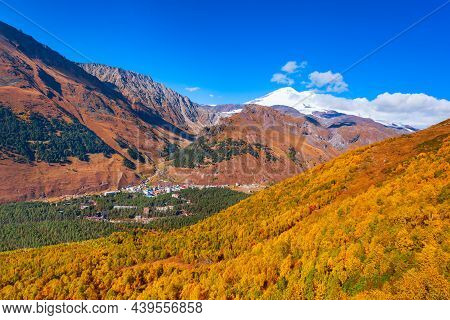 Terskol Aerial Panoramic View. Terskol Is A Village Located At The Foot Of Mount Elbrus, The Highest