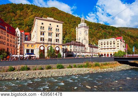 Town Hall In The Centre Of Rosa Khutor. Rosa Khutor Is An Alpine Ski Resort Located Near Krasnaya Po
