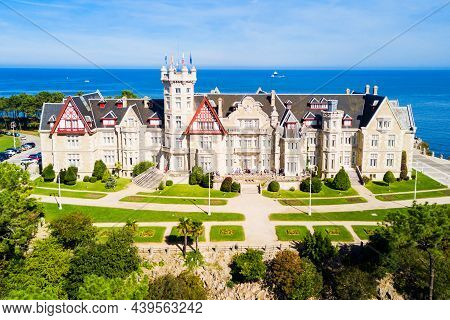 Magdalena Palace Or Palacio De La Magdalena Aerial Panoramic View. It Is A Palace Located On The Mag