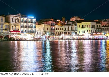 Chania, Crete, Greece - September 2018: Houses Along Chania Sea Promenade At Night