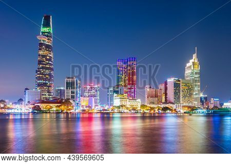 Ho Chi Minh City Skyline Aerial Panoramic View At Night. Ho Chi Minh Is The Largest City In Vietnam.