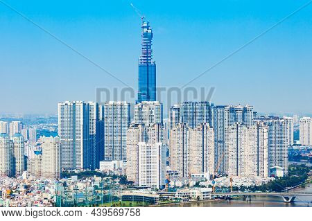 Ho Chi Minh City Aerial Panoramic View From Saigon Skydeck Observation Deck In Bitexco Financial Tow