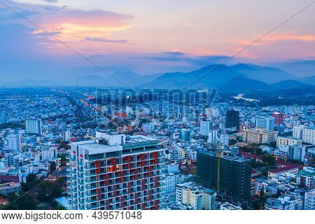 Nha Trang City Skyline Aerial Panoramic View At Sunset In South Vietnam