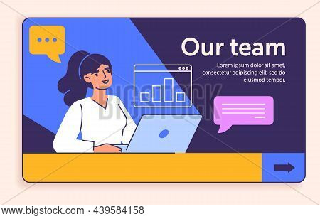 Concept Of Our Team. Character Works On Laptop. Modern Technologies, Graphs, Reports. Analytical Dep