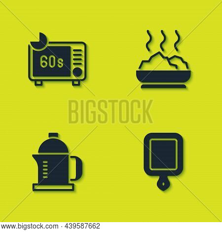Set Microwave Oven, Cutting Board, French Press And Bowl Of Hot Soup Icon. Vector