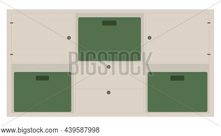 Beige Shelving Unit With Three Green Boxes