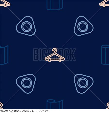 Set Line Textile Fabric Roll, Sewing Chalk And Hanger Wardrobe On Seamless Pattern. Vector