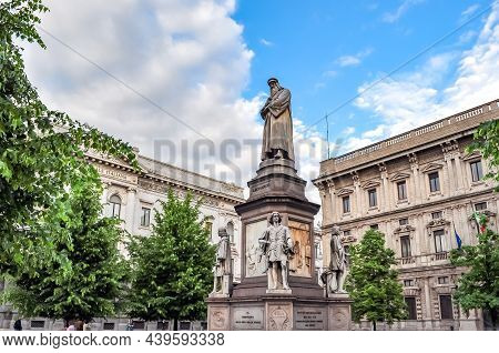 Leonardo Da Vinci Monument In Front Of La Scala Theater, Milan, Italy
