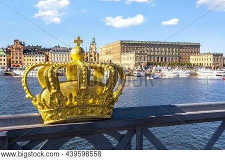Stockholm Old Town (gamla Stan) Cityscape And Royal Crown, Sweden