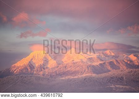 Amazing Sunset Winter Of Snow Caped Kamnisko-savinjske Alpe Mountains, Slovenia, Europe