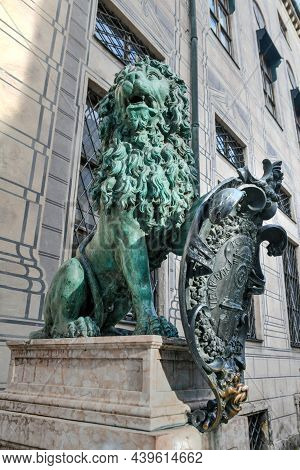 Munich, Germany - July 5, 2021: Lion Statue In Front Of The Alte Residenz At Odeonsplatz - Munich, B