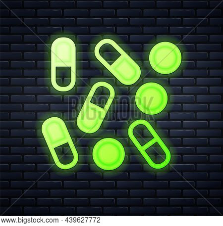 Glowing Neon Medical Pill Bottle Biohacking Icon Isolated On Brick Wall Background. Pharmacy Biohack