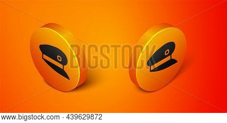 Isometric Train Driver Hat Icon Isolated On Orange Background. Orange Circle Button. Vector