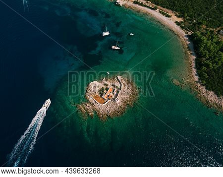 Boat Trip To The Island Of Otocic Gospa. Montenegro. Drone