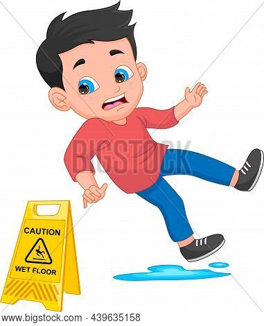 Cartoon Boy Slips On The Floor On White Background