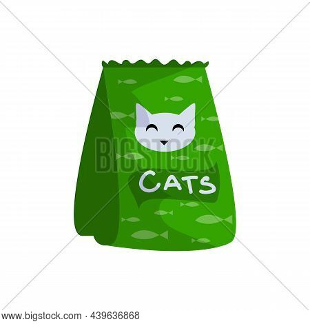 Cartoon Package With Cat Food. Domestic Animals Meal. Green Bag For Feline Feed. Pets Nutrition Temp
