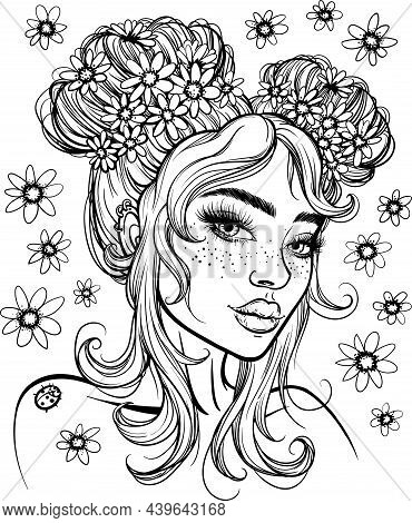 Beautiful Fashion Women With Flowers In Her Hair. Vector Sketchy Illustration.
