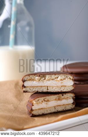 Tasty Choco Pies On Parchment Paper. Snack Cakes