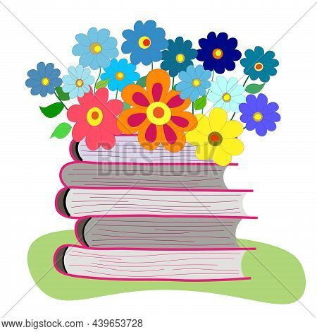 Spring Colorful Flowers On Stack Of Books.  Vector Stock, Flat Illustration. Colorful Banners For Ad