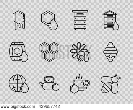 Set Line Honeycomb Map Of The World, Bee, Hive For Bees, Tea Kettle With Honey, Cup Tea And Icon. Ve