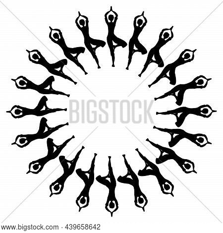 A Yoga Tree Pose Mandala Of Female Silhouettes Over A White Background