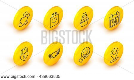 Set Line Map Pointer With Heart, Heart On Hand, Wings, Castle The Shape Of, Calendar February 14, Sh