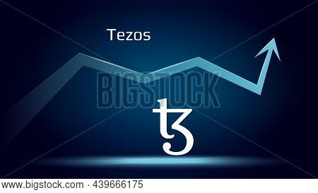 Tezos Xtz In Uptrend And Price Is Rising. Cryptocurrency Coin Symbol And Up Arrow. Flies To The Moon