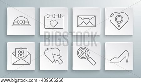 Set Line Envelope With 8 March, Calendar, Heart And Cursor Click, Search, Woman Shoe, Female Gender 