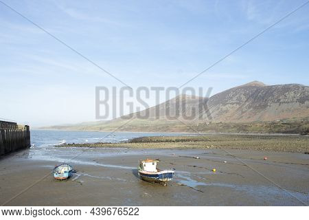 Trefor Beach, Llyn Peninsula, Wales Beautiful Landscape Small, Traditional Fishing Boats On The Sand