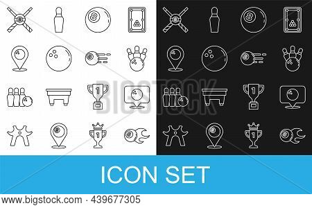Set Line Billiard Ball, Location With Bowling, Bowling Pin And, Crossed Billiard Cues And Icon. Vect