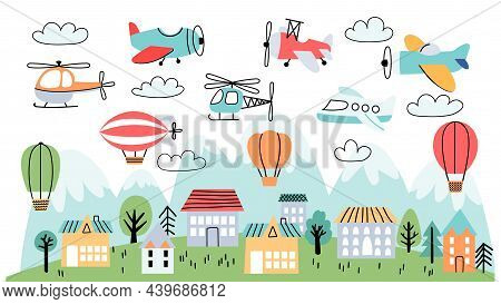 Kids Nursery Poster With Airplanes, Air Balloons And Clouds. Children Wallpaper With Houses, Mountai