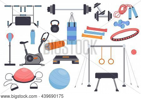 Sport Equipment Isolated Elements Set. Bundle Of Barbell, Dumbbells, Kettlebell, Hula Hoop, Exercise