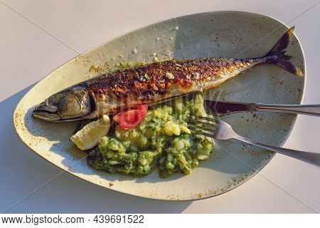 Grilled Fish ( Mackerel ) With Green Leafy Vegetables. Flat Lay, Copy Space