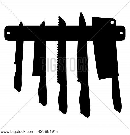 Set Of Knives On Magnetic Holder Isolated On White