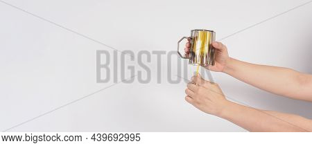 Clean And Wash Dish Concept. Man Hand Washing Drink Glass On White Background.