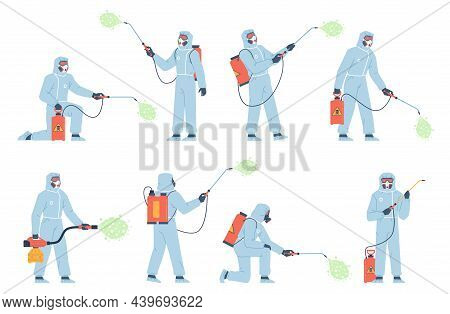 Disinfector Characters. People In Uniform Spraying Poison Gas. Insect Protection Service. Employees 