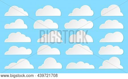 Cloud Paper Cut White Flat Set. 3d Origami Weather Infoboard Advertising Postcard Blank Banner Cloud