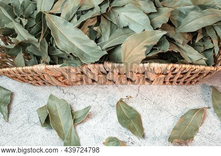 Food Background. Bay Leaf, Natural Antiseptic, Antioxidant, Acne Remedy, Macronutrients For Skin And