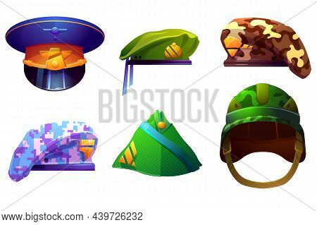 Military Caps For Soldier And Officers. Headdresses Of Camouflage And Army Uniform. Vector Cartoon S