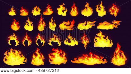 Burning Fire Collection, Yellow And Orange Flame Isolated On Black Background. Vector Cartoon Set Of