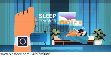 Young Woman Sleeping In Bed With Electronic Smart Watch App Tracker On Hand Quality And Quantity Sle