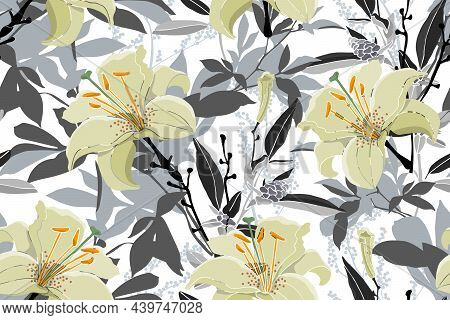 Vector Floral Seamless Pattern. Lilies, Quinoa And Wormwood, Gray Leaves.