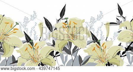 Vector Floral Seamless Pattern, Border. Beautiful Design With Lilies.
