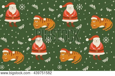 Christmas Tiger Seamless Pattern. Cute Childish Santa Claus Character, Tiger, Cnowflakes, Branches O