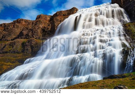 Closeup View Of The Dynjandi Waterfall, Also Known As Fjallfoss, Located On The Westfjords Peninsula