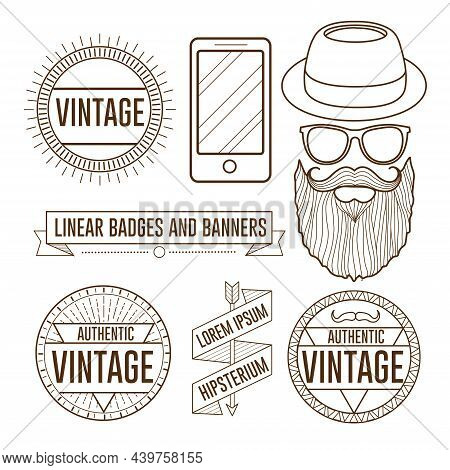 Linear Hipster Set With Bearded Man And Graphic Elements