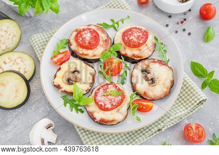 Eggplant Pizza With Tomatoes Sauce, Mozzarella, Mushrooms And Fresh Basil. Vegetarian Dish. Selectiv