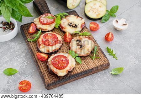 Eggplant Pizza With Tomatoes Sauce, Mozzarella, Mushrooms And Fresh Basil. Vegetarian Dish. Selectiv